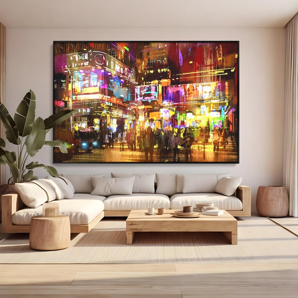 Tablou canvas cu pictura stradala urbana in neon, in rama de aluminiu negru, pe perete intr-un living